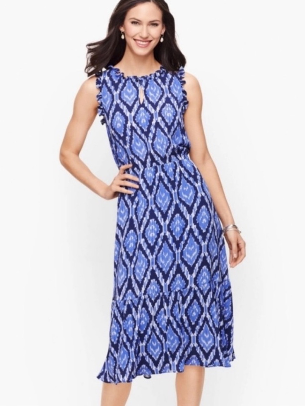 TALBOTS BLUE IKAT MIDI DRESS FLOWY RUFFLE SLEEVELESS BEAUTIFUL DRESS SIZE 10